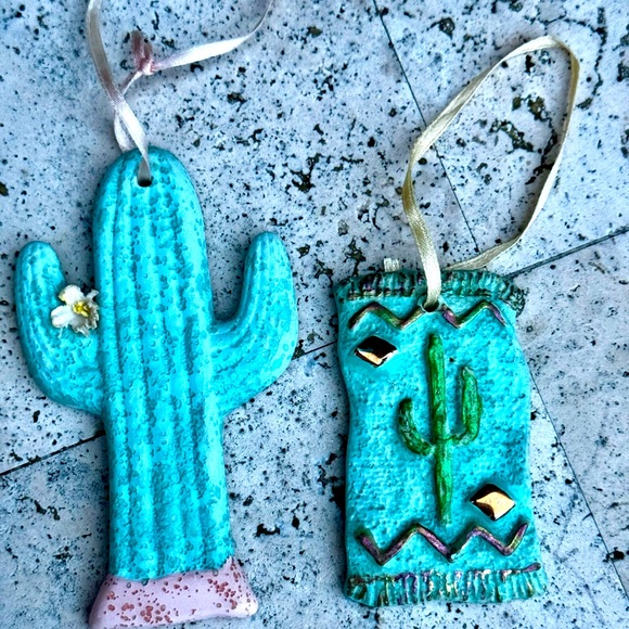 Cactus Ceramic Ornaments Holiday Tree Mint & Pink New - Picture 1 of 5